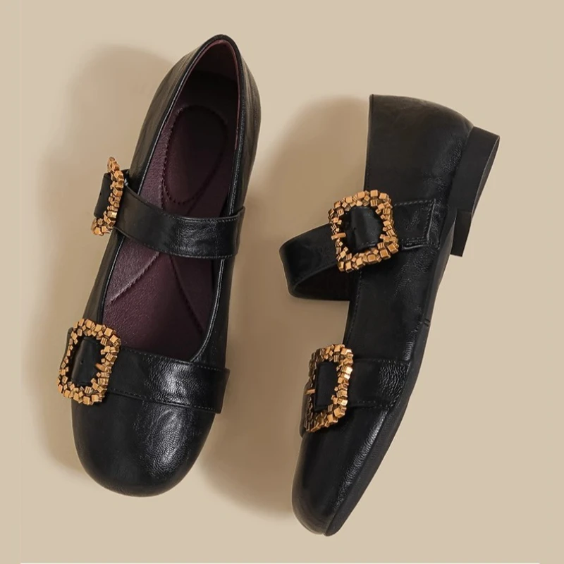 

High Quality Black Mary Jane Shoes Women Fashion Metal Decoration Buckle Designer Shoes Comfortable Women's Leather Moccasins