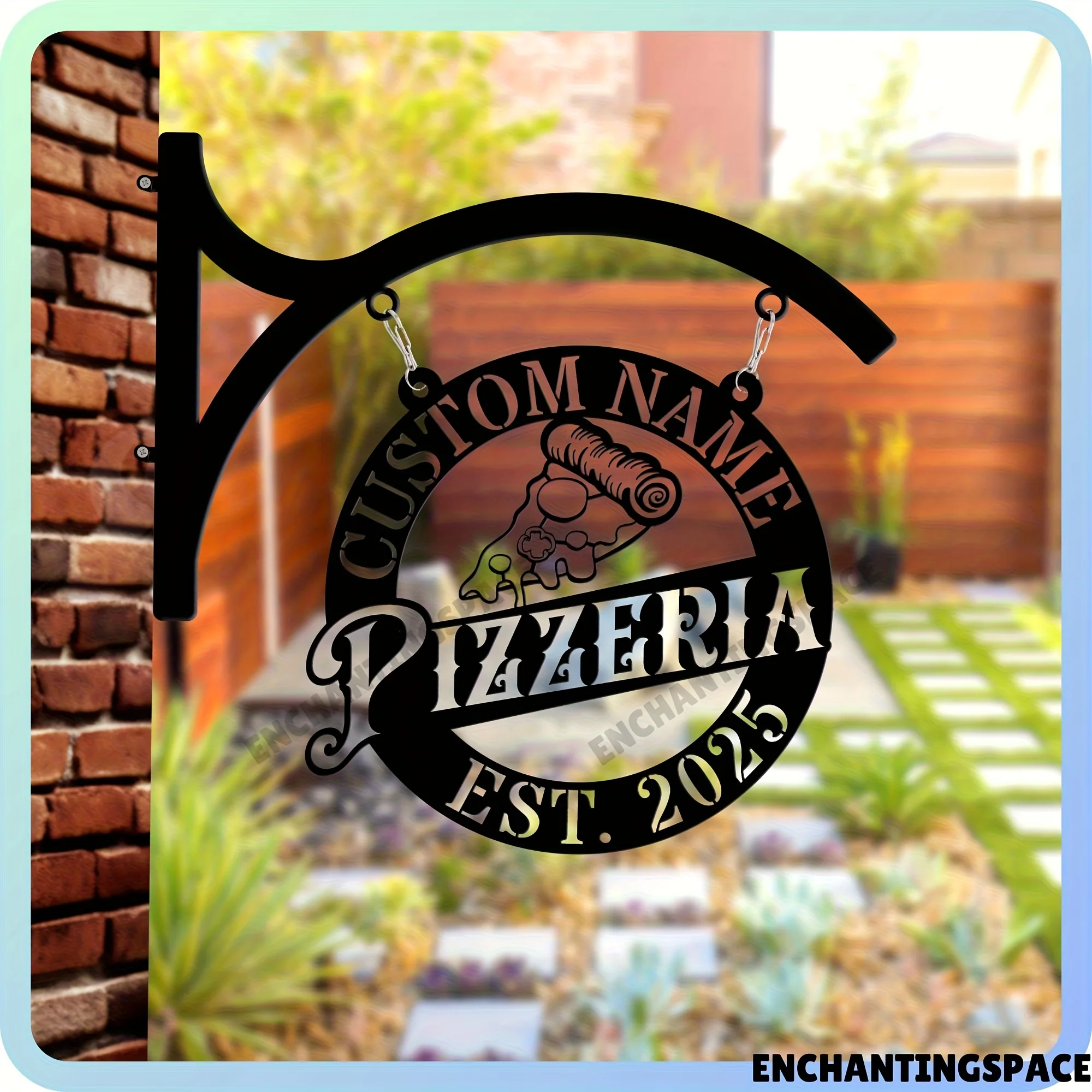 Logotipo Colgante Personalizable para Pizzería - Diseño Clásico de Rebanada de Pizza y Rodillo, Decoración de Pared Metálica Duradera en Blanco y Negro