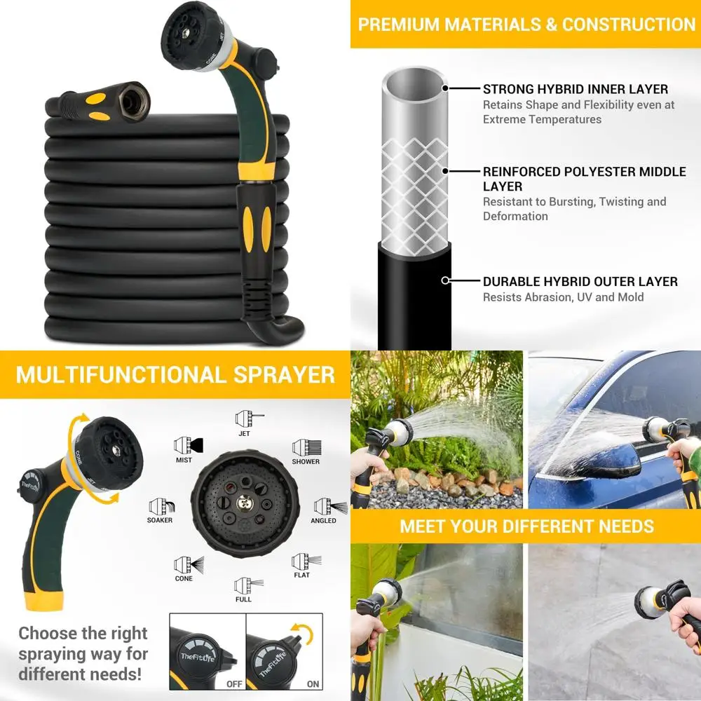 

Flexible Hose with 8-Function Nozzle - Heavy Duty, Kink Resistant, Soft Grip Handle, Durable for Outdoor Watering Needs