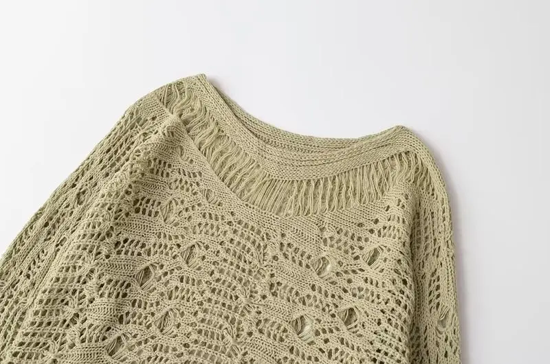 Maxdutti French Country Sweater Women Style Retro Knitted Sweater Hollow Knitted Top Light Green Fashion Loose