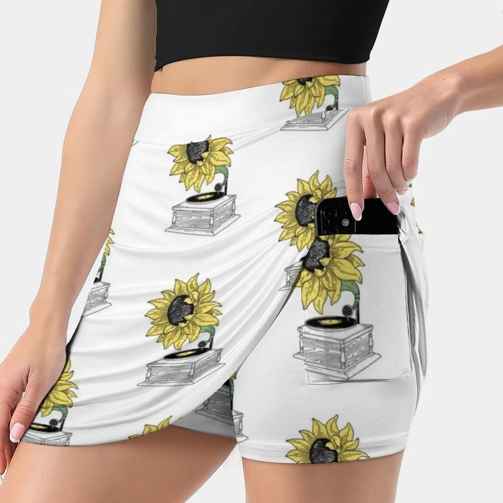 Singing In The Sun Women's skirt Mini Skirts A Line Skirt With Hide Pocket Sunflower Summer Gramophone Vintage Music Sunflower