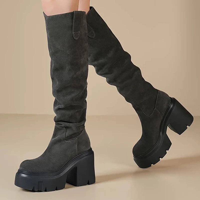 

Женские высокие сапоги на высоком каблуке, модная замшевая обувь на массивном каблуке, дизайнерское платье, новые туфли-лодочки, зима 2024, роскошные ботинки челси Femme Zapatos