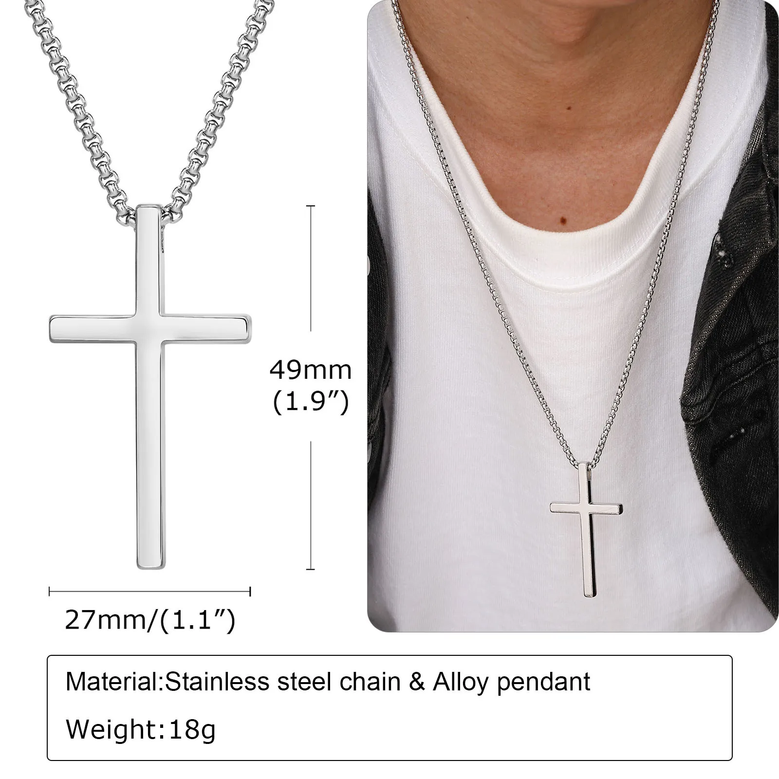 Vnox kruisketting voor heren dames, zilverkleurige effen kruishangerkraag met roestvrijstalen doosketting