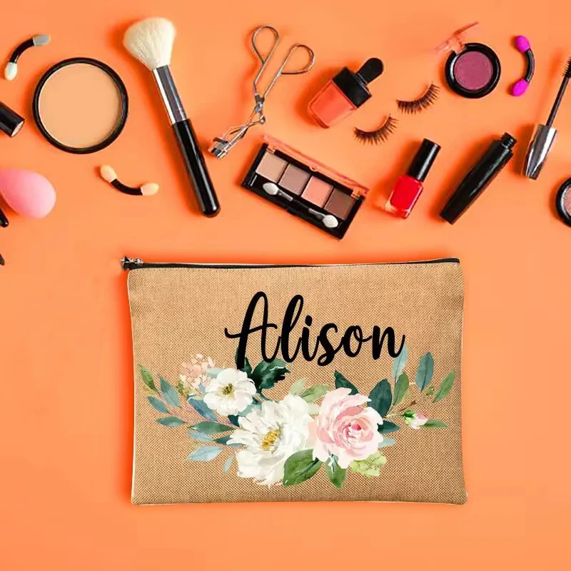 Birthday Gifts for Mum Friend Sister Floral Personalised Name Design Makeup Organizer Cosmetic Zipper Pouch Canvas Make Up Bag