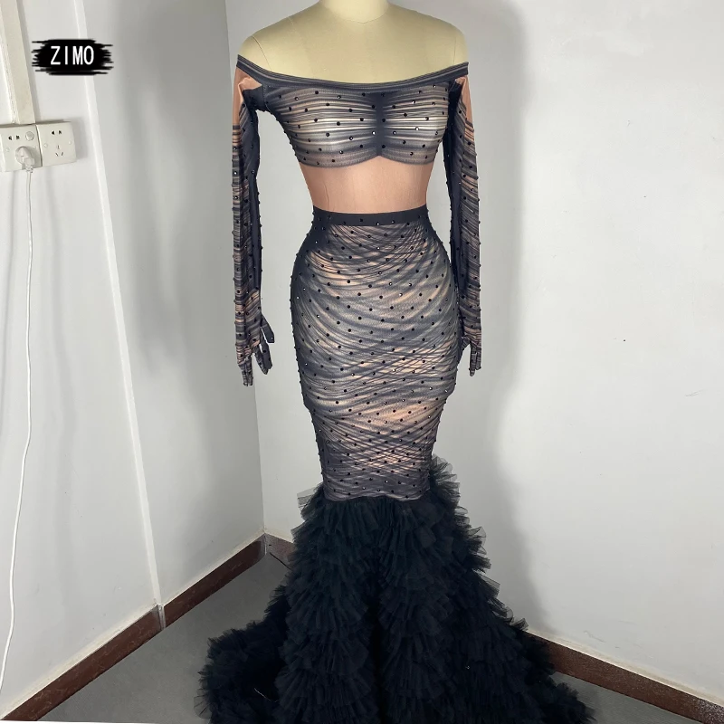 

Fashion Black Mermaid Tail Dress Women Lace Rhinestone Sexy Off Shoulder Elegant Long Dress Stage Show Prom Party Dance Costume