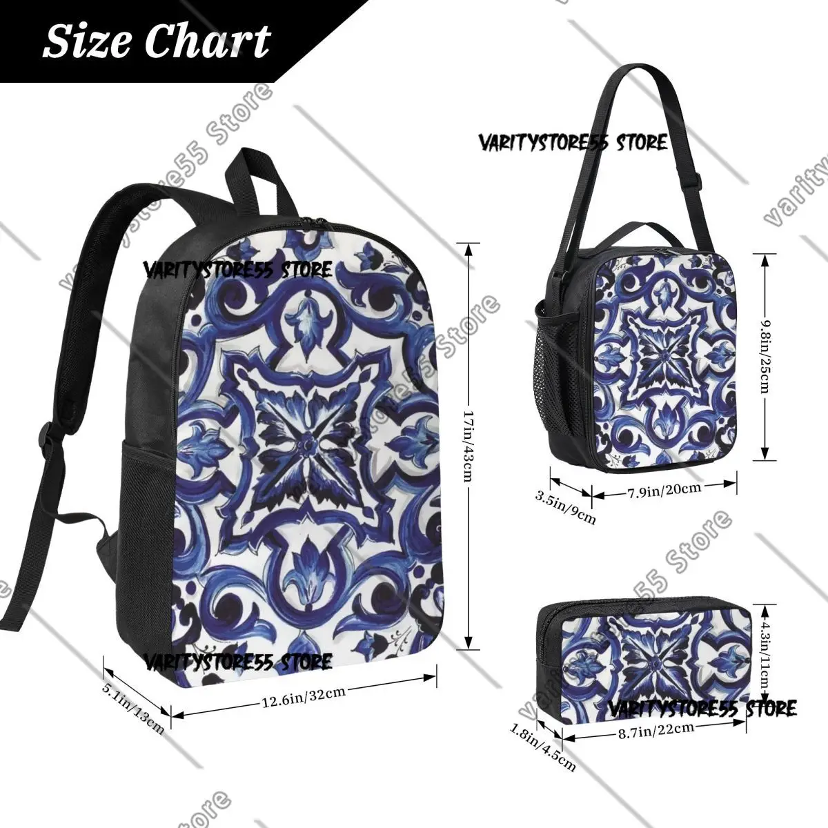 Blue Ornate Floral Mediterranean Sicilian Tile Backpack Student Boys Girl BookBag School Bag 3ps Insulated Lunch Bag Pencil Case