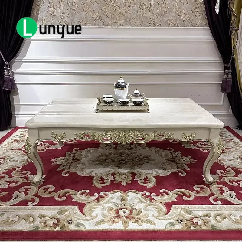 French Style Large Rectangular Marble Coffee Table European Solid Wood Carved Flower Design Living Room Furniture Elegant