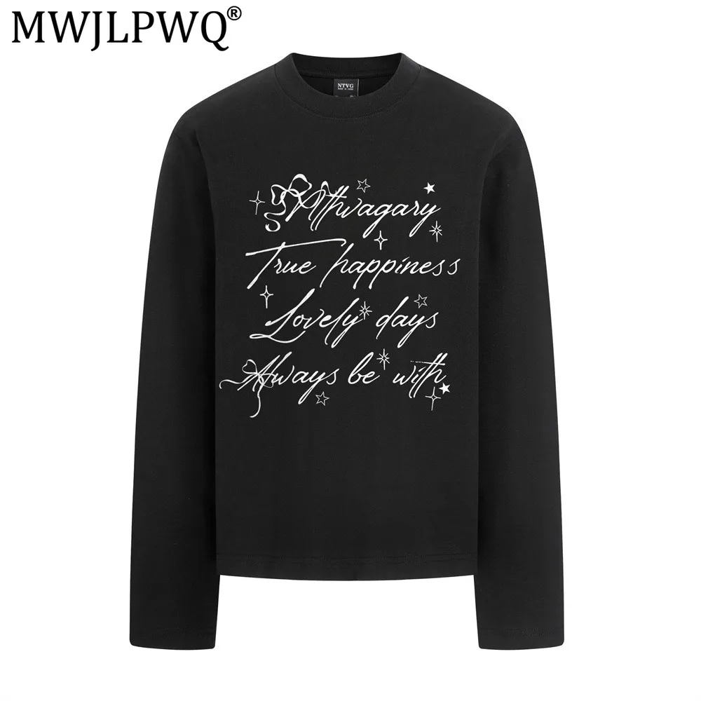 MWJLPWQ Letter Hand-Painted Print Long-Sleeve T-Shirt Men's High Street Loose Fit Round Neck Spring  Autumn Cotton Top Ins 20404