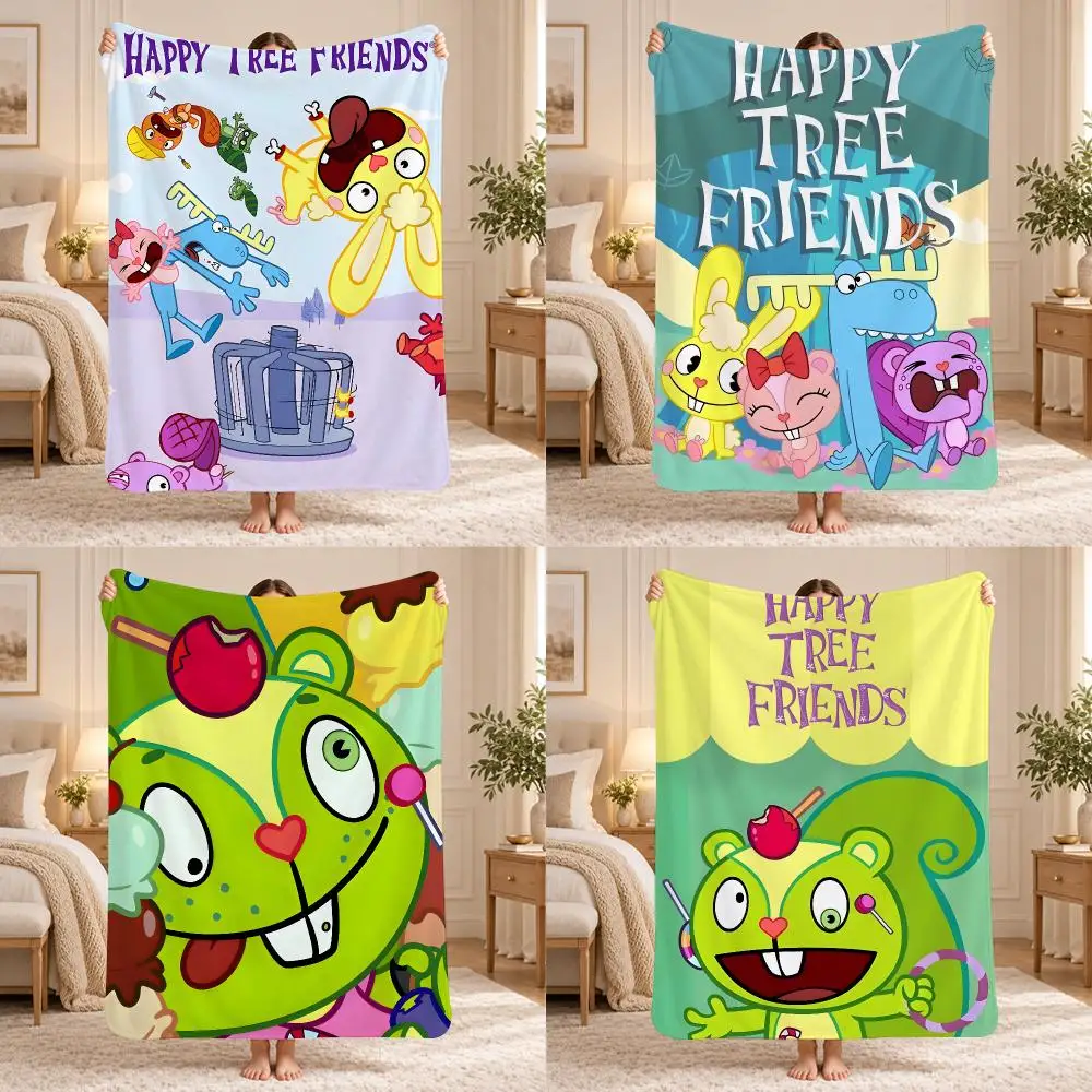 Cute cartoon art Happy T-Tree F-Friends Throw 240g Lightweight Flannel Blanket, Soft Skin Throw Blanket for Sofa Bedroom