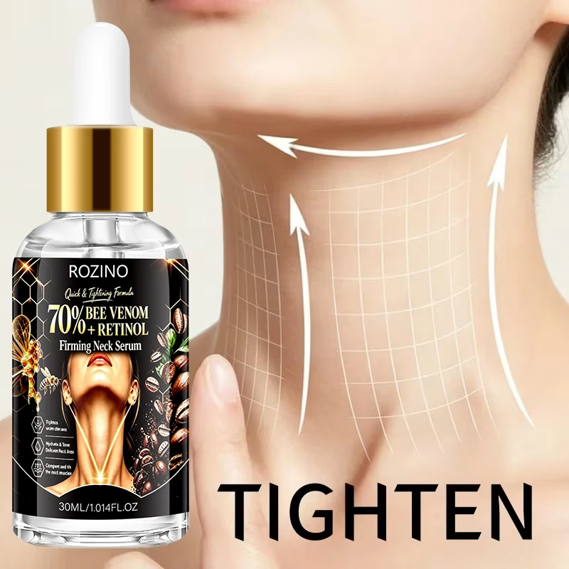 Neck Moisturizing Serum - Moisturizes and Hydrates. Contains jojoba seed oil, camellia seed extract, ascorbic acid, hyaluronic acid, and bee venom. Makes the skin look smoother and more moisturized, suitable for all skin types.