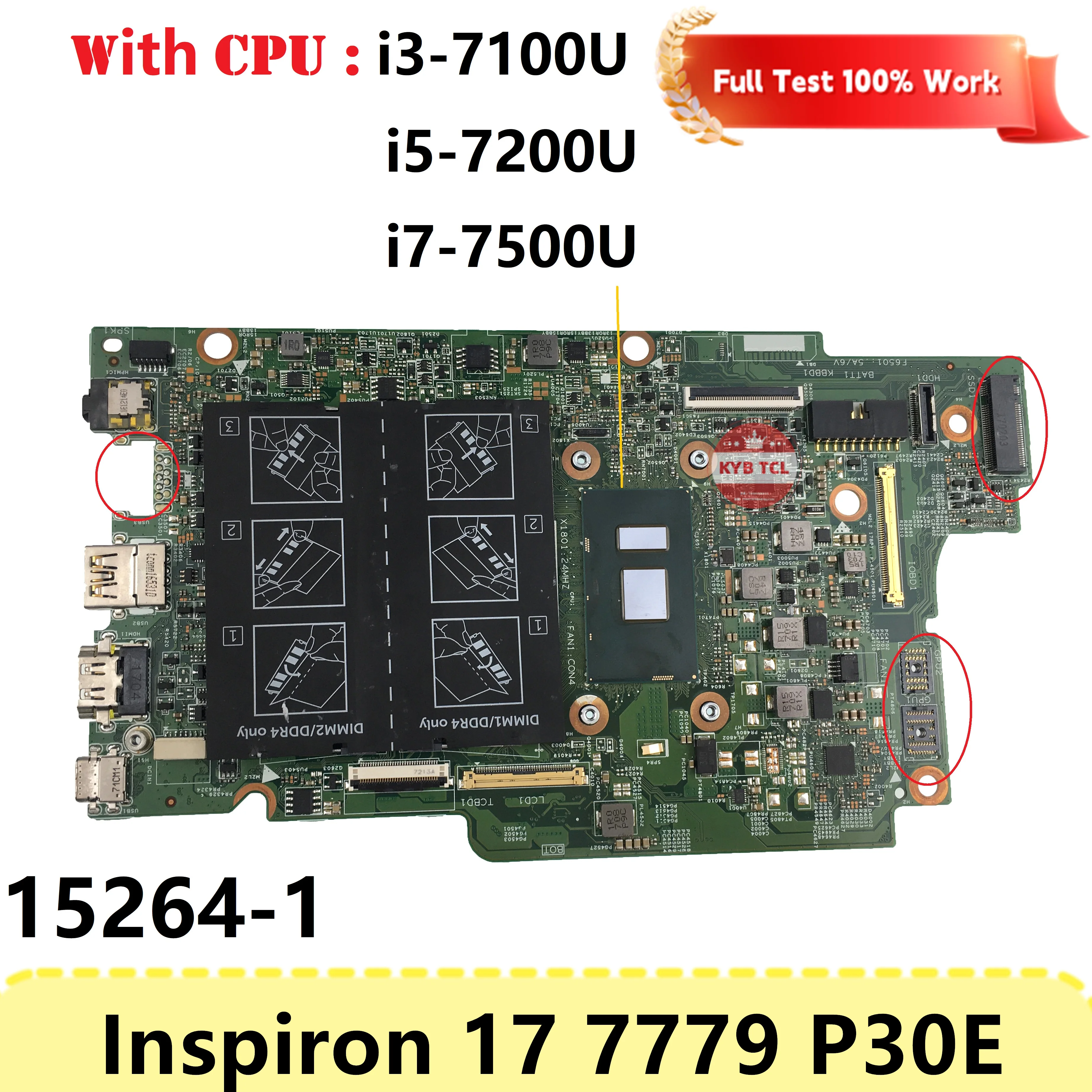 For Dell Inspiron 17 7779 P30E Laptop Motherboard 15264-1 NX6FR CN-0NX6FR 0NX6FR Mainboard W I3-7100U I5 I7-7500U CPU Notebook