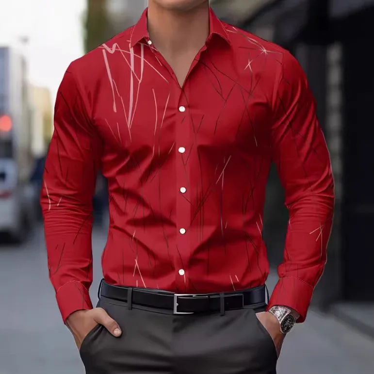 Men's Long-sleeved Shirt Digital Printing Four-sided Elastic Casual Fashion Striped Button-up Men's Shirt