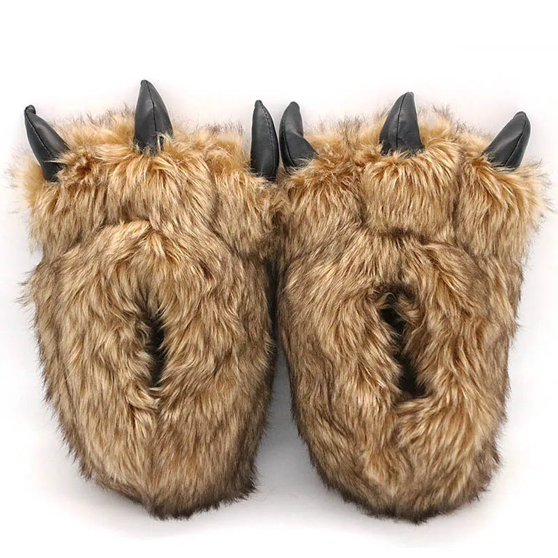Winter fluffy slippers house man bear paw shoes plus size brown animal bear fur slippers indoor flopflops men\'s House Shoes