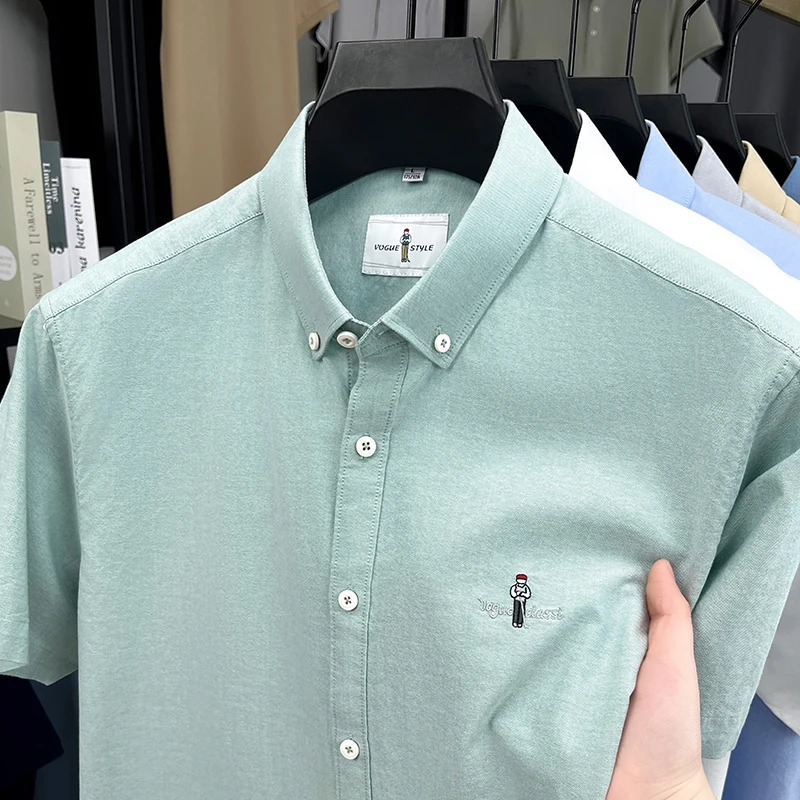 100% pure cotton men's short sleeve shirt summer brand exquisite cartoon embroidery solid color youth fashion comfort lapel top