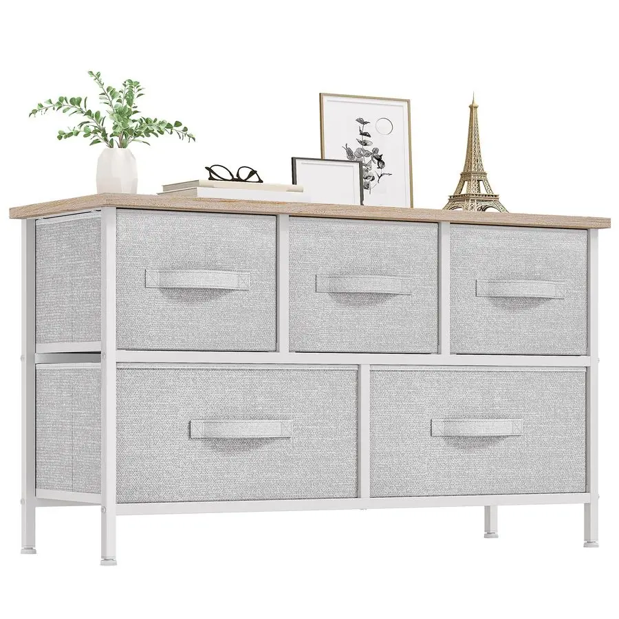 

Dresser with 5 Drawers Fabric Storage Tower, Organizer Unit for Bedroom, Living Room, Closets Sturdy Steel Frame, Wooden Top