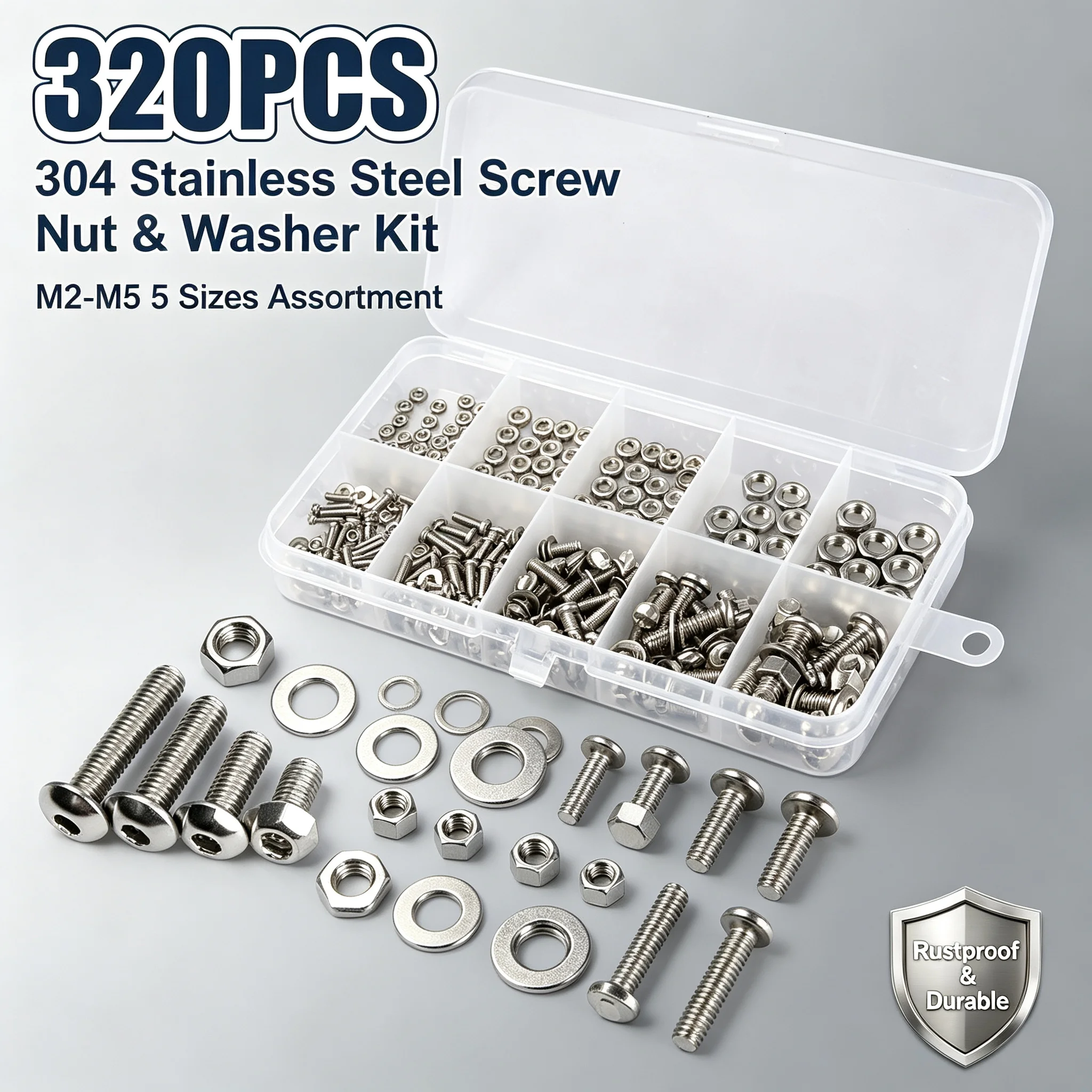 320PCS 304 Stainless Steel Screw Assortment Kit M2-M5 Hex Socket Cap Screws Nuts Washers Set with Storage Box