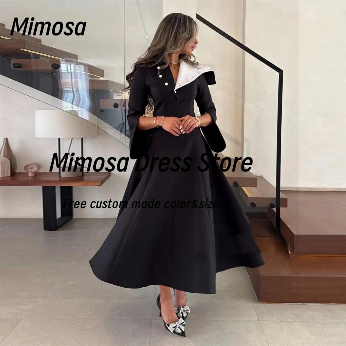 

Mimosa Black Prom Dresses with Buttons Neckline Saudi Women Evening Gowns Long Sleeves Special Party Dress Customized