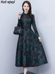 Jesienno-zimowa niebieska w kwiaty w stylu chińskim sukienka Cheongsam Midi 2024 elegancka w stylu Casual, imprezowa sukienka wieczorowa kobiet luksusowa elegancka sukienka na studniówkę