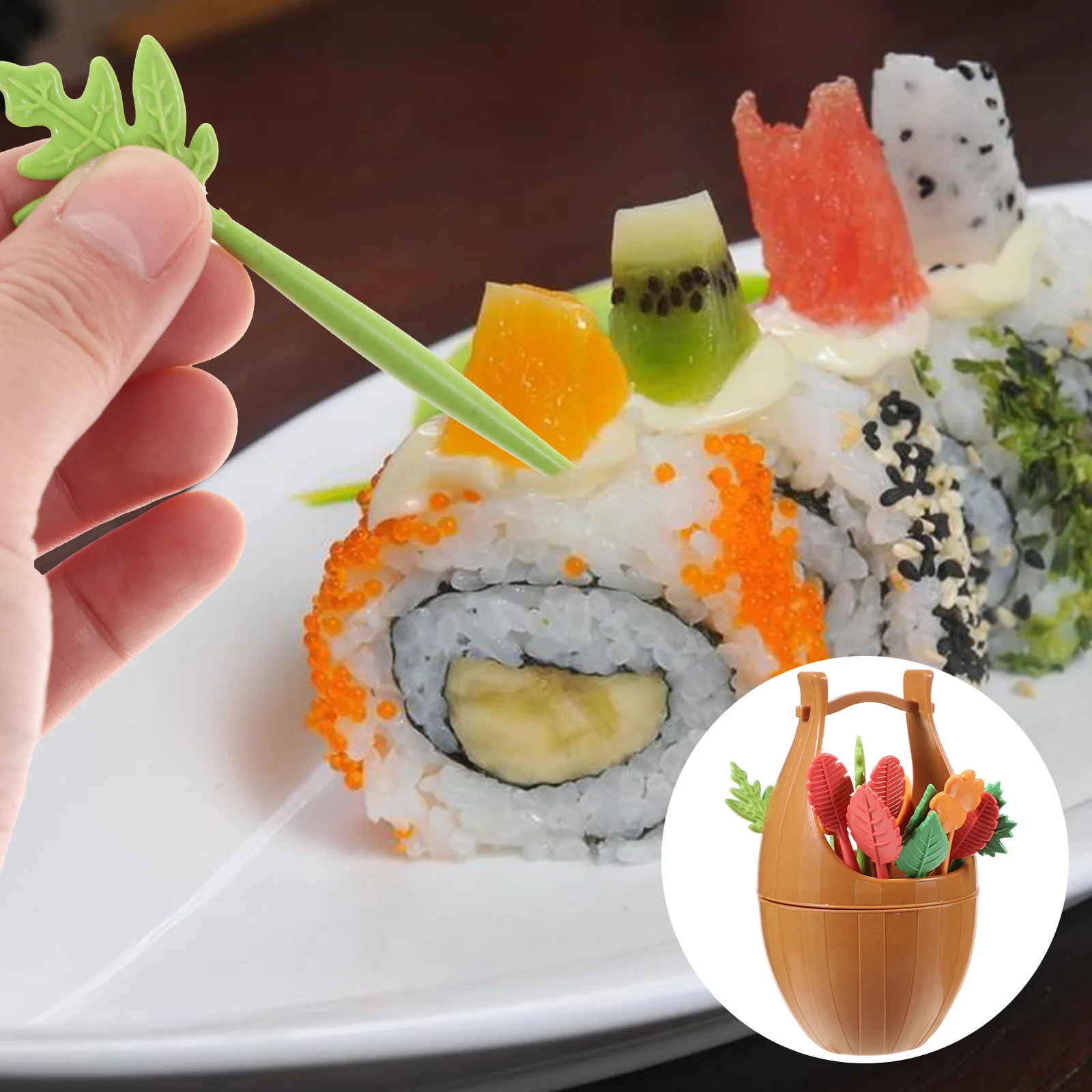 

17pcs Fruit Picks Set Biodegradable Wheat Stalk Material -20-120°C Reusable Nonporous High Density Bacterial Resistant Leaves