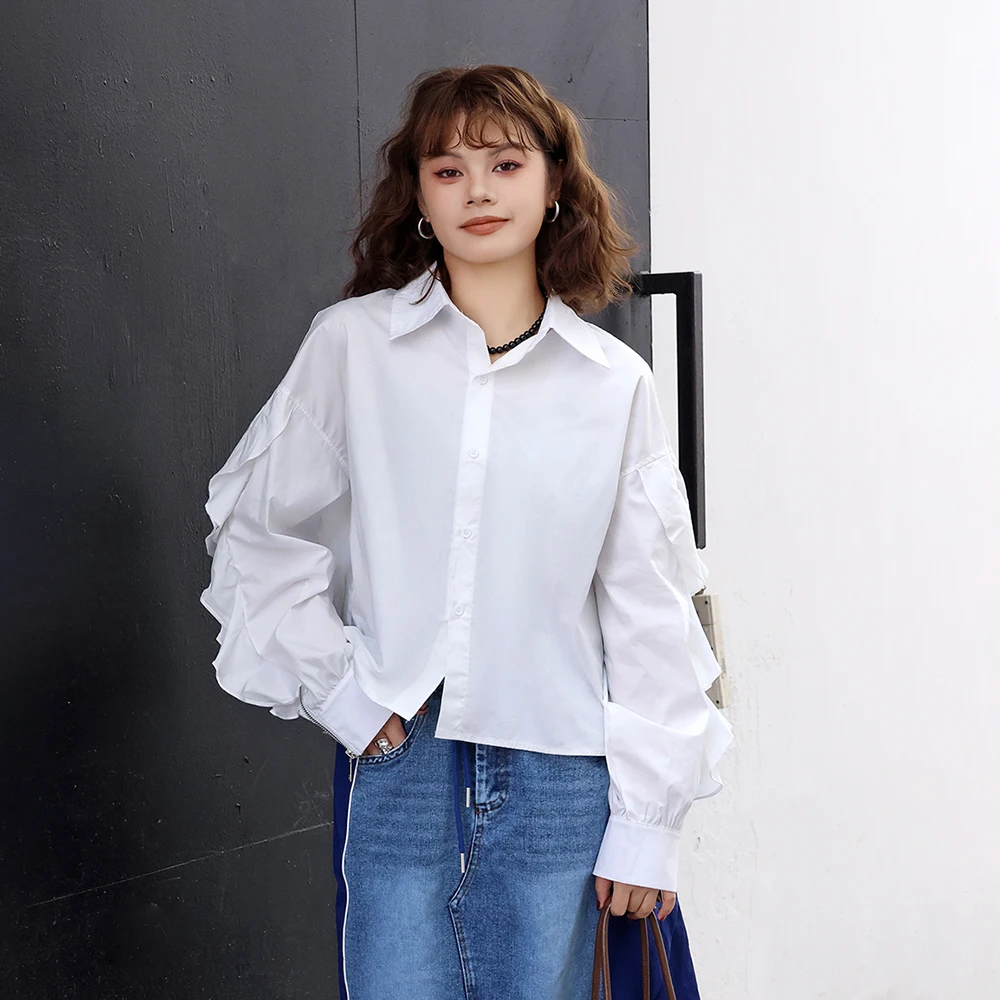 241023 Ruffel Design Solid Color Blouse Women Lapel Long Sleeve Patchwork Zipper Casual Fashion  Shirts Female Trend 2024 New