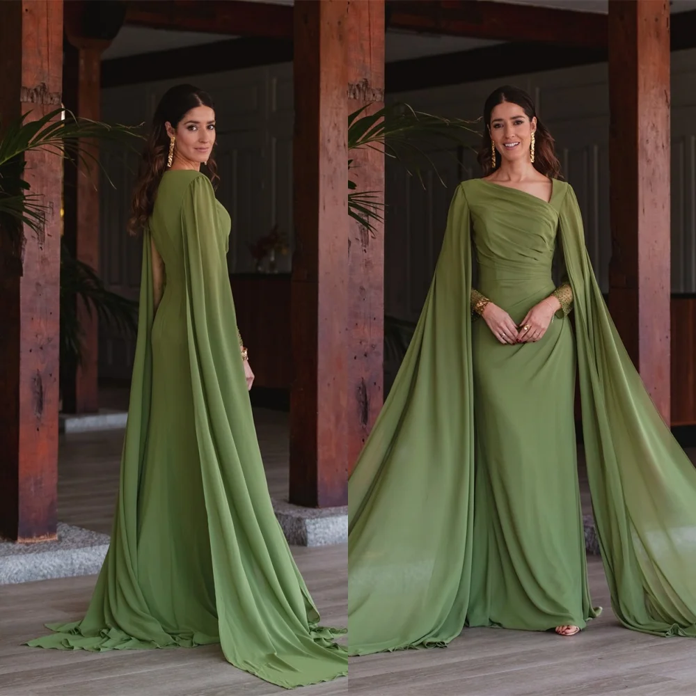 

Customized Simple Green Chiffon Evening Dress Exquisite Long Sleeves Homecoming Dresses Luxury Sweep Train Vestido De