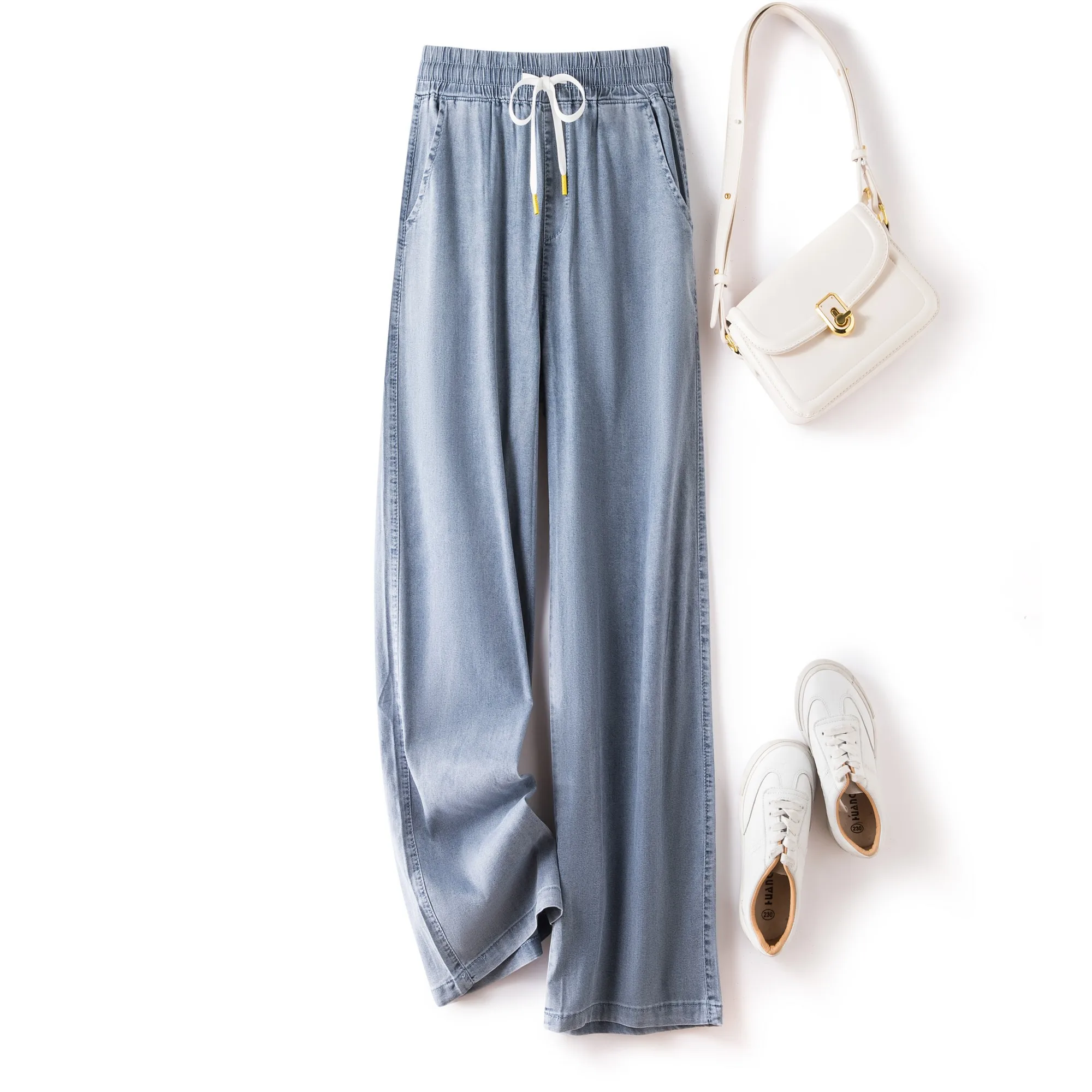 

Slimming Straight Leg Denim Pants Women's plus Size Summer Thin Wide Leg Floor-Length Jeans High Waist Light Blue