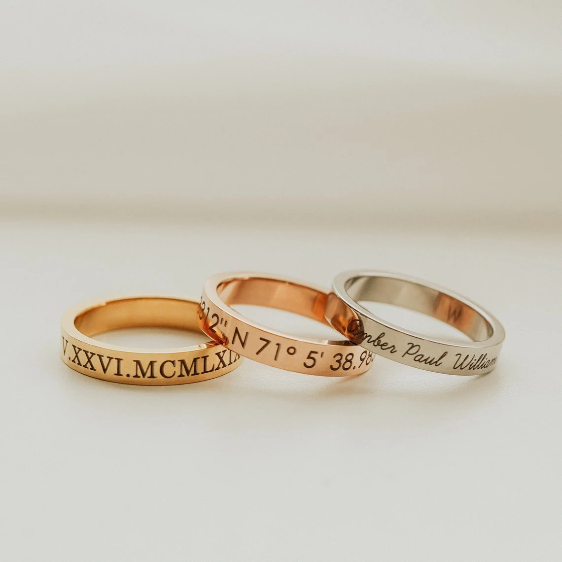 4mm Personalized Stacking Ring Custom Engraved Name Coordinate Initial Ring Stackable Gold Ring Mothers Jewelry Gift For Her
