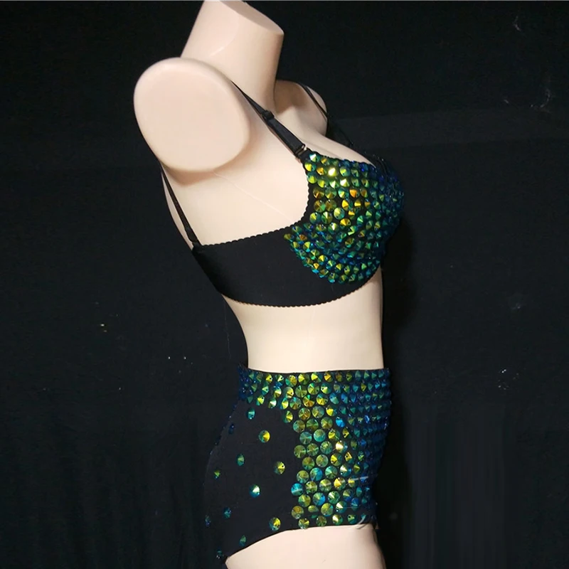 Traje de Bikini verde con diamantes de imitación para mujer, traje de bailarina y cantante, ropa Sexy para actuación en escenario, disfraces de Gogo para club nocturno, ropa para fiesta Rave yj050