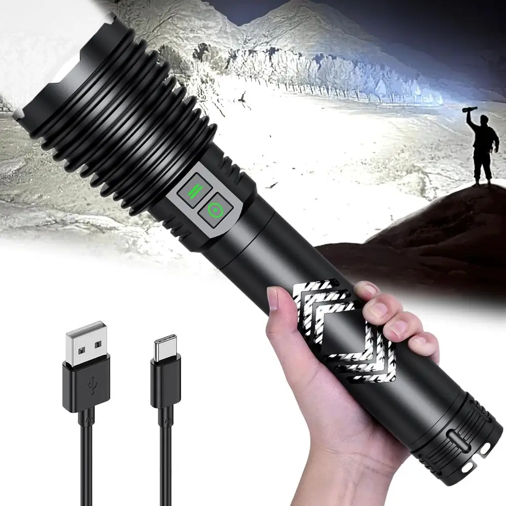 

Rechargeable 6000 Lumens Super Bright LED Flashlight with Long Handle, Large Battery, Zoomable & 6 Modes, Waterproof Handheld Fl