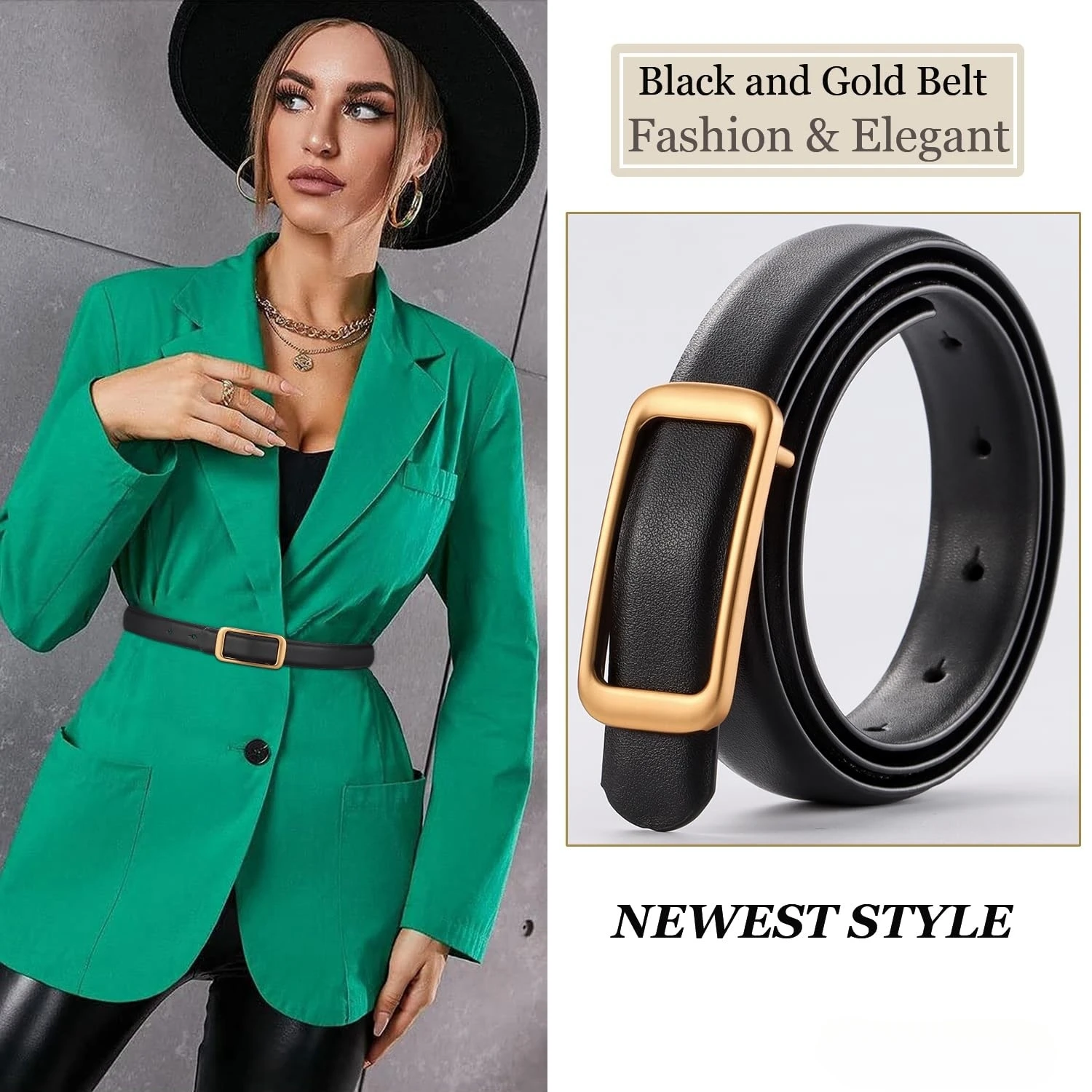 Women's Leather Belt for Jeans Pants Fashion Belt with Gold/Silver Buckle Elegant Thin Waist Dress Belts for Women