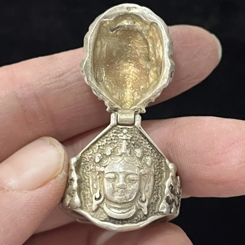 Vintage Carved Tibetan Ring, Copper Silver Plated Zaki Lam God of Wealth Open Adjustable Ring Jewelry
