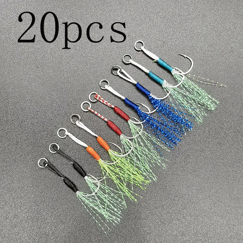 20pcs Fishing Hook Colorful Slow Jigging Cast Jigs Assist Hook Barbed Single Jig Hooks Thread Feather Pesca High Carbon Steel