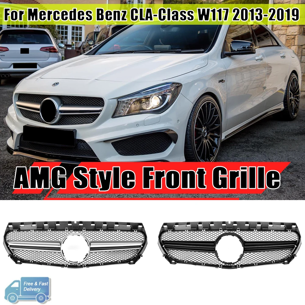 Front Bumper Grille Inlet Grill GT Diamond For Mercedes C117 W117 Benz 2013 -2019 Tuning Facelift Chrome Silver AMG Style Grille