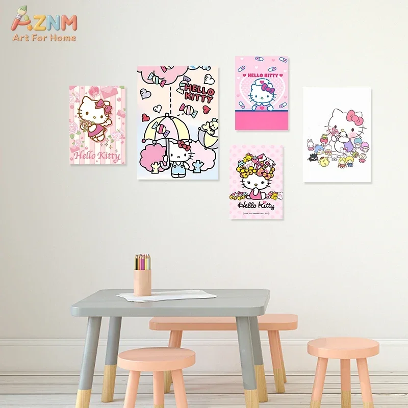 AZNM Hello Kitty Pink Rose Moon Car Canvas Print Frameless Wall Art Sanrio Cute Cartoon Poster Girls Bedroom Home Decor Painting