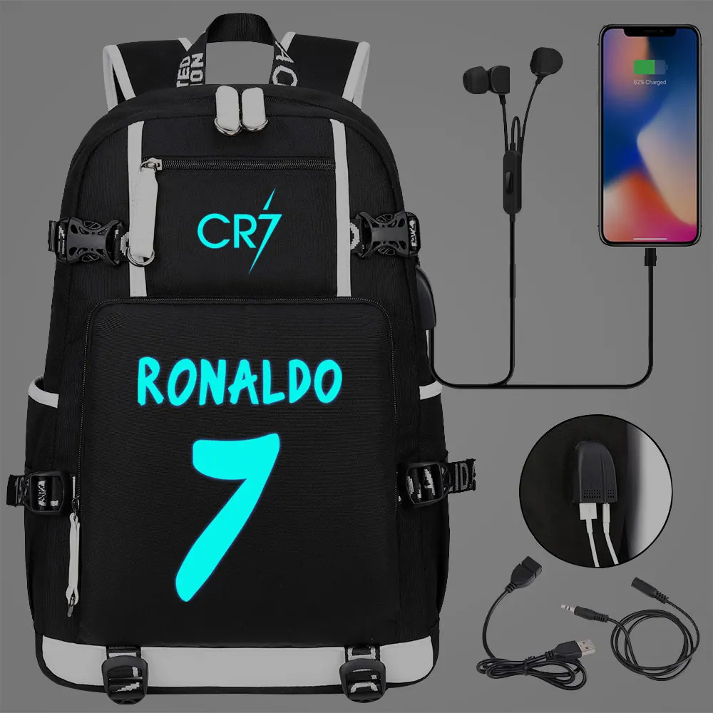 Luminous CR7 Football Backpack Male&Female USB Charge Students Schoolbags Computer Travel Laptop Mochilas