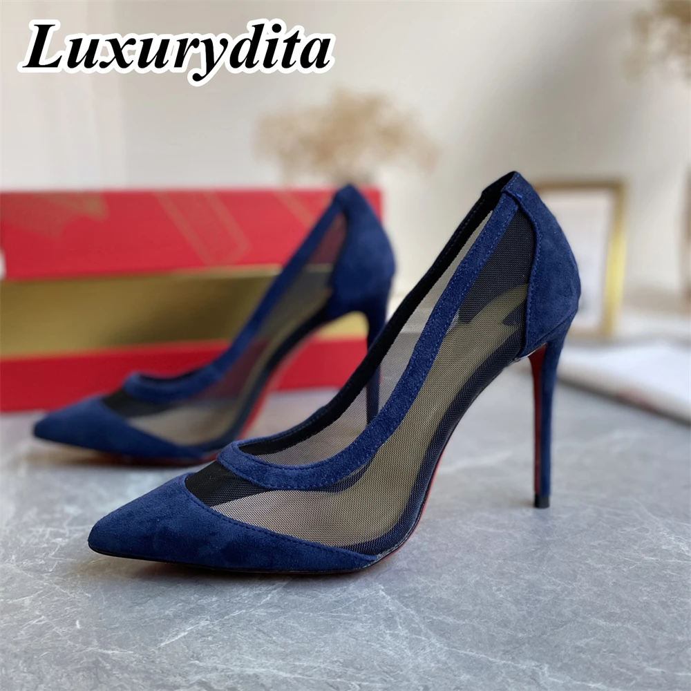 

LUXURYDITA Designer Womens High heels Sandals Real Leather Red heel Pumps Luxury Dinner Wedding Party Banquet Mules H2193