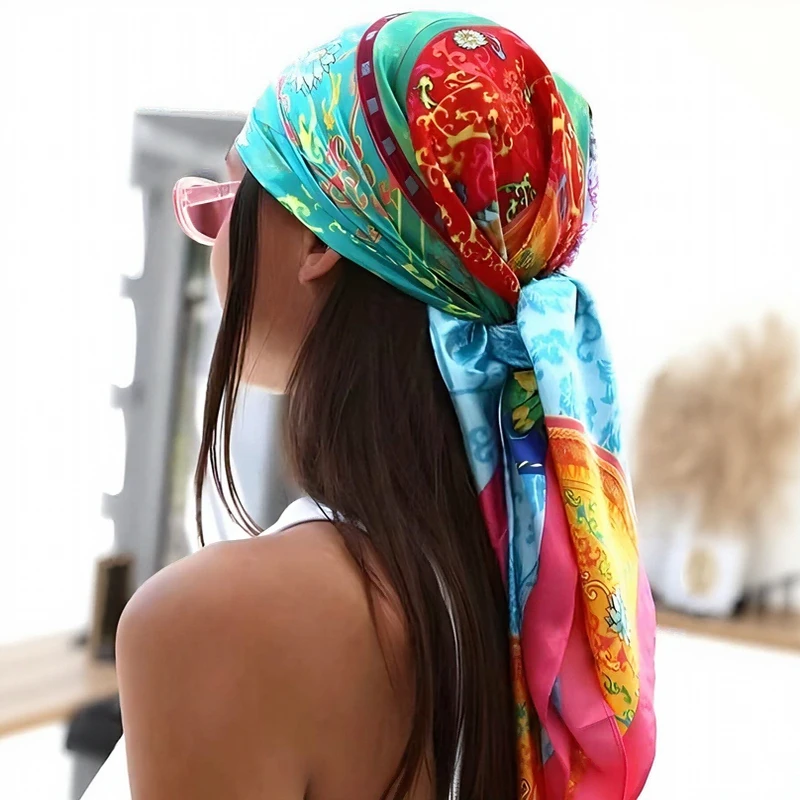 90cm Mode Echarpe Femmes Chale Style Chinois Imprime Soie Satin Hijab Femme Marque De Luxe carre Dame Silencieux Foulard Bandann