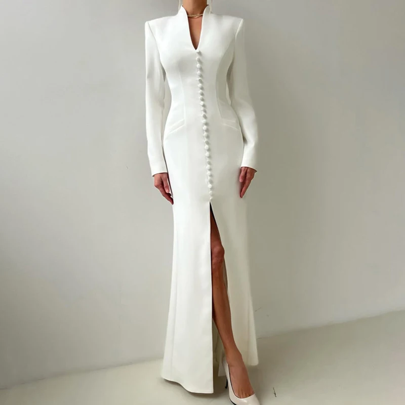 

Elegant Split Slim Long Dresses Spring Women Long Sleeve V Neck Zipper Dress Autumn High Waist Ankle Length Package Hip Dress