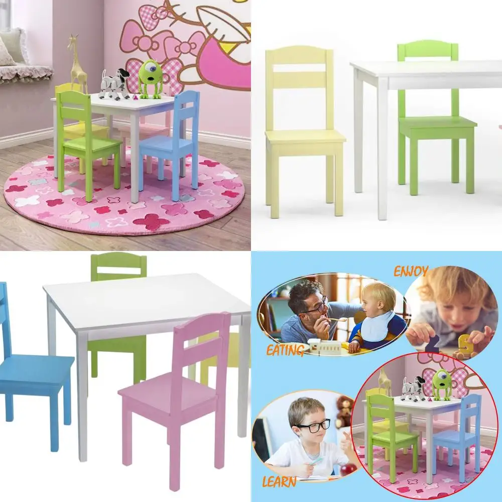 

Обеденный набор для малышей из массива дерева: белый и пастельный стол из 5 предметов со стульями для детей от 2 до 6 лет