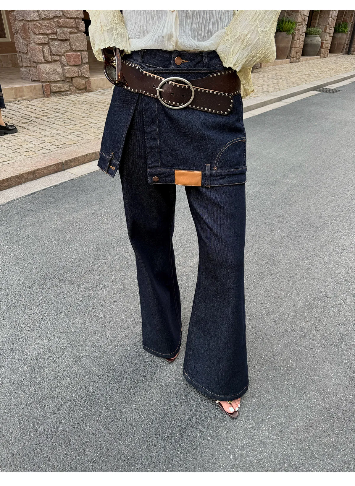 【MAR】 Women Original Washed Denim Pants Detachable Decor Flared Straight Wide Leg Trousers