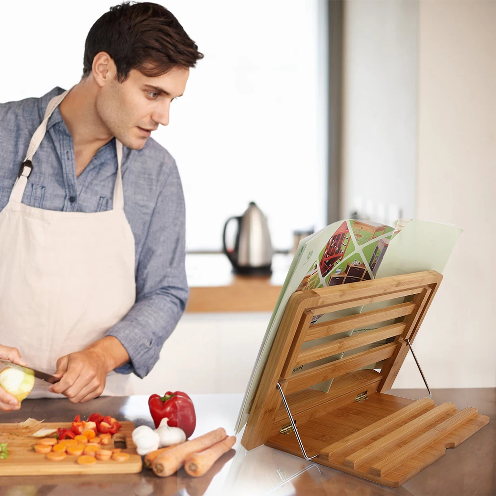 Bamboo Wood reading book stand adjustable foldable phone or PC stand lightweight cook recipe holder