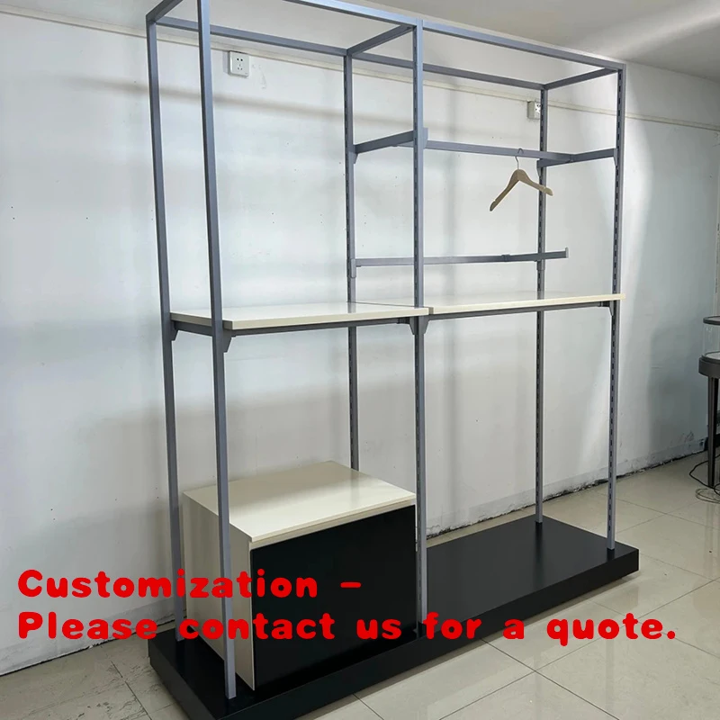 

custom.Industrial Style Metal Clothing Display Rack with Shelves and Cabinet LED Lighting Customizable