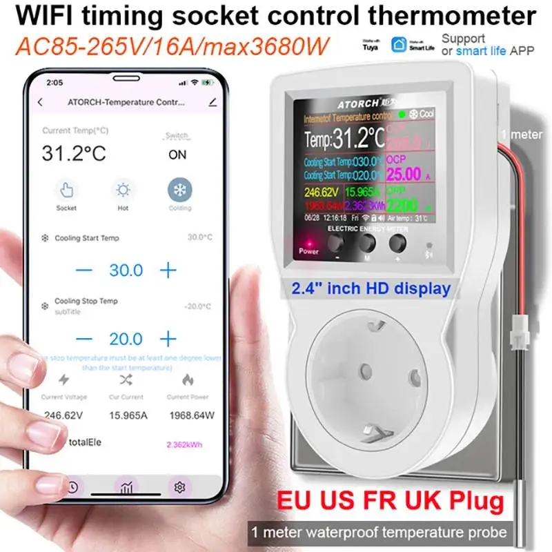 Tuya WIFI Smart Plug Digital Wattmeter 220V AC Power Meter Electricity Consumption Socket Power Kilowatt Meter