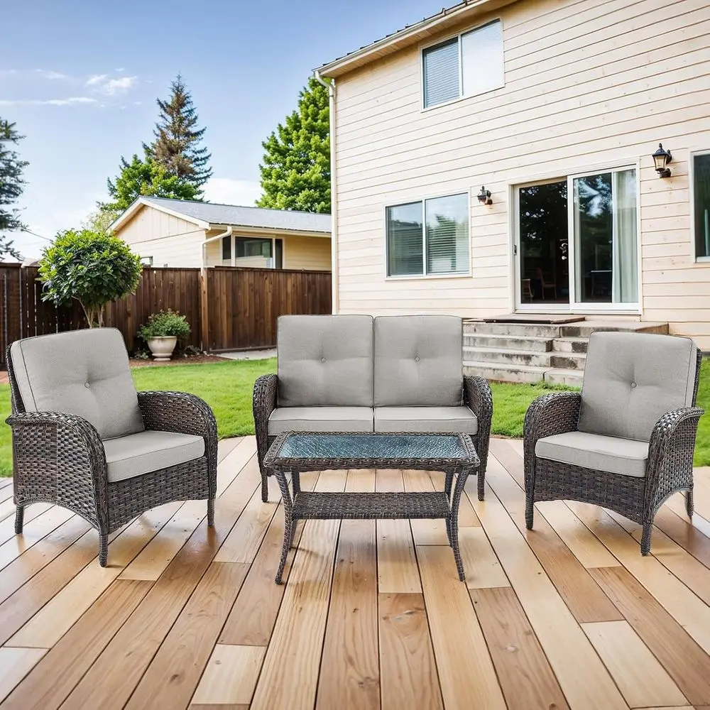 

All-Weather Wicker Patio Furniture Set with 4 Pieces, Outdoor Rattan Sofa, Chairs, and Coffee Table for Backyard, Porch, Deck