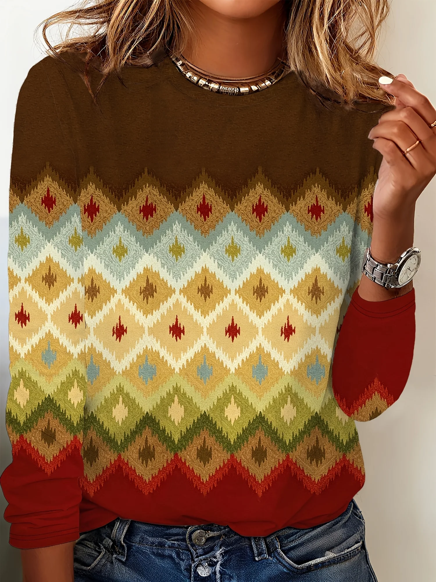 Women Long Sleeve Top 3D Print Retro Ethnic Geometric Diamond Pattern Round Neck Stylish Autumn Daily Casual Lightweight Tops
