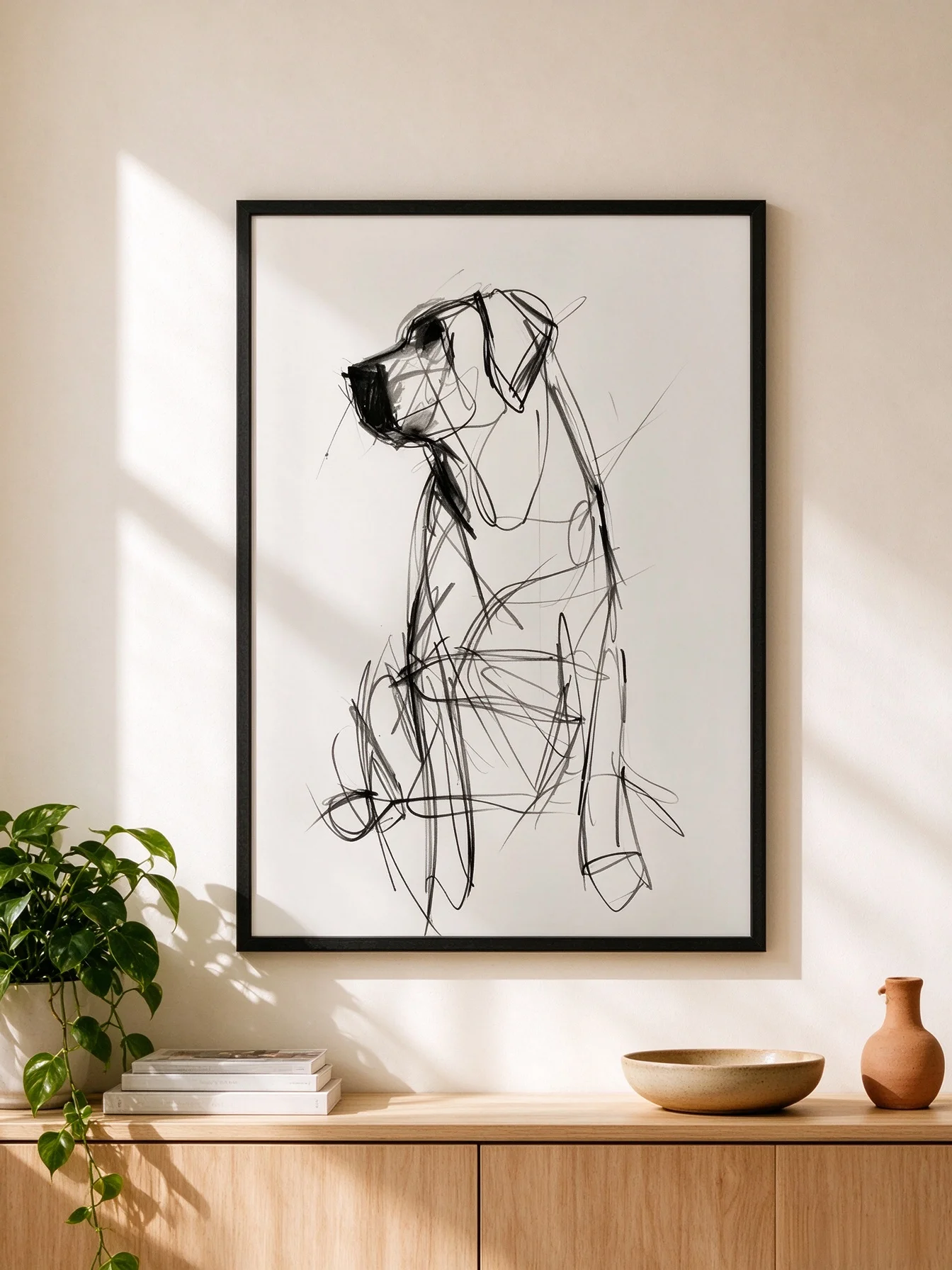 Black and White Dog Sketch Wall Art, Minimalist Line Drawing Print, Modern Abstract Animal Home Decor for Living Room