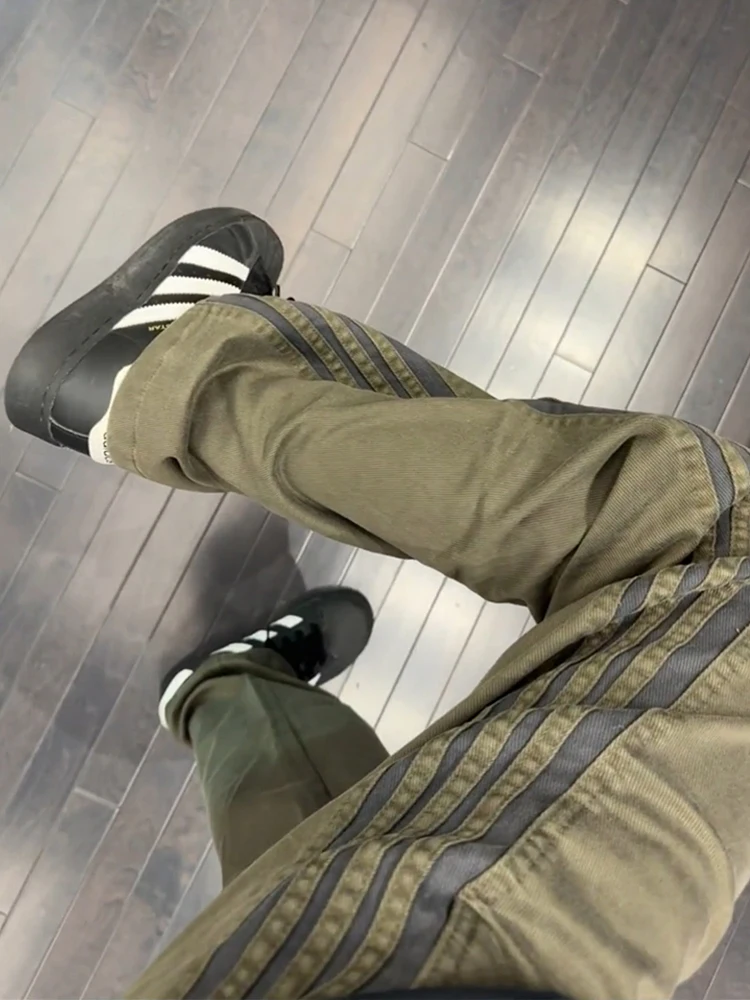 

American Retro Tee Bars Stripe Men's Summer Thin Military een Workwear Pants Drape Straight Casual Long Trousers