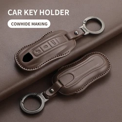 Car Key Case Cover Shell for Porsche 718 Cayenne Panamera 911 Macan Taycan Cayman Boxster Top Layer Leather Car Key Accessories