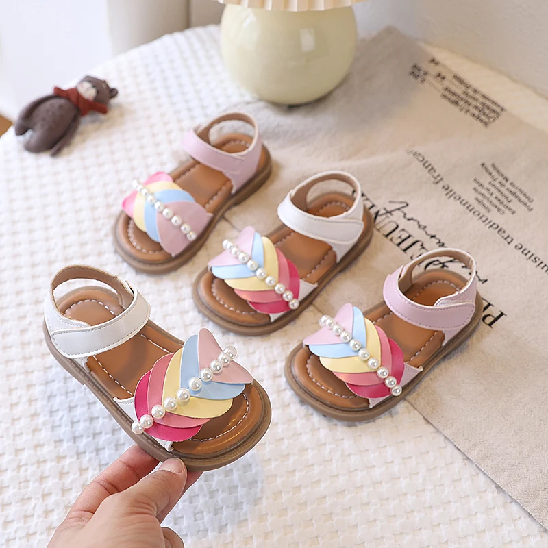 Kid's Shoes Girls' Summer 2026 Open Toe Pearl Beach Sandals Lightweight Fashionable Children's Shoes Size 21-30