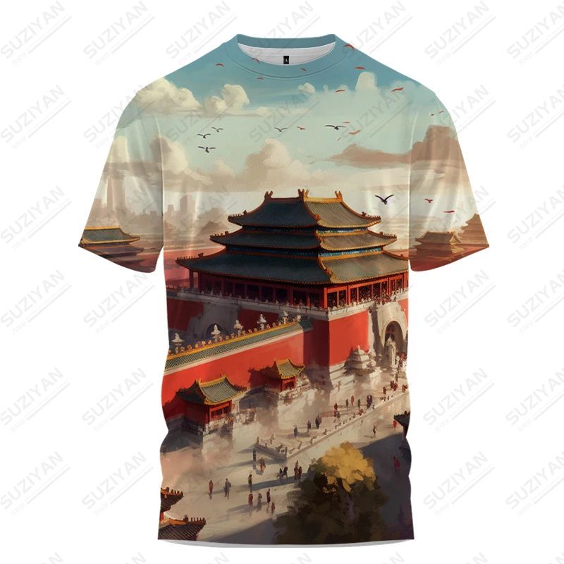 Summer new men's T -shirt architecture 3D printed men's T -shirt ancient style fashion men's T -shirt trend men's T -shirt